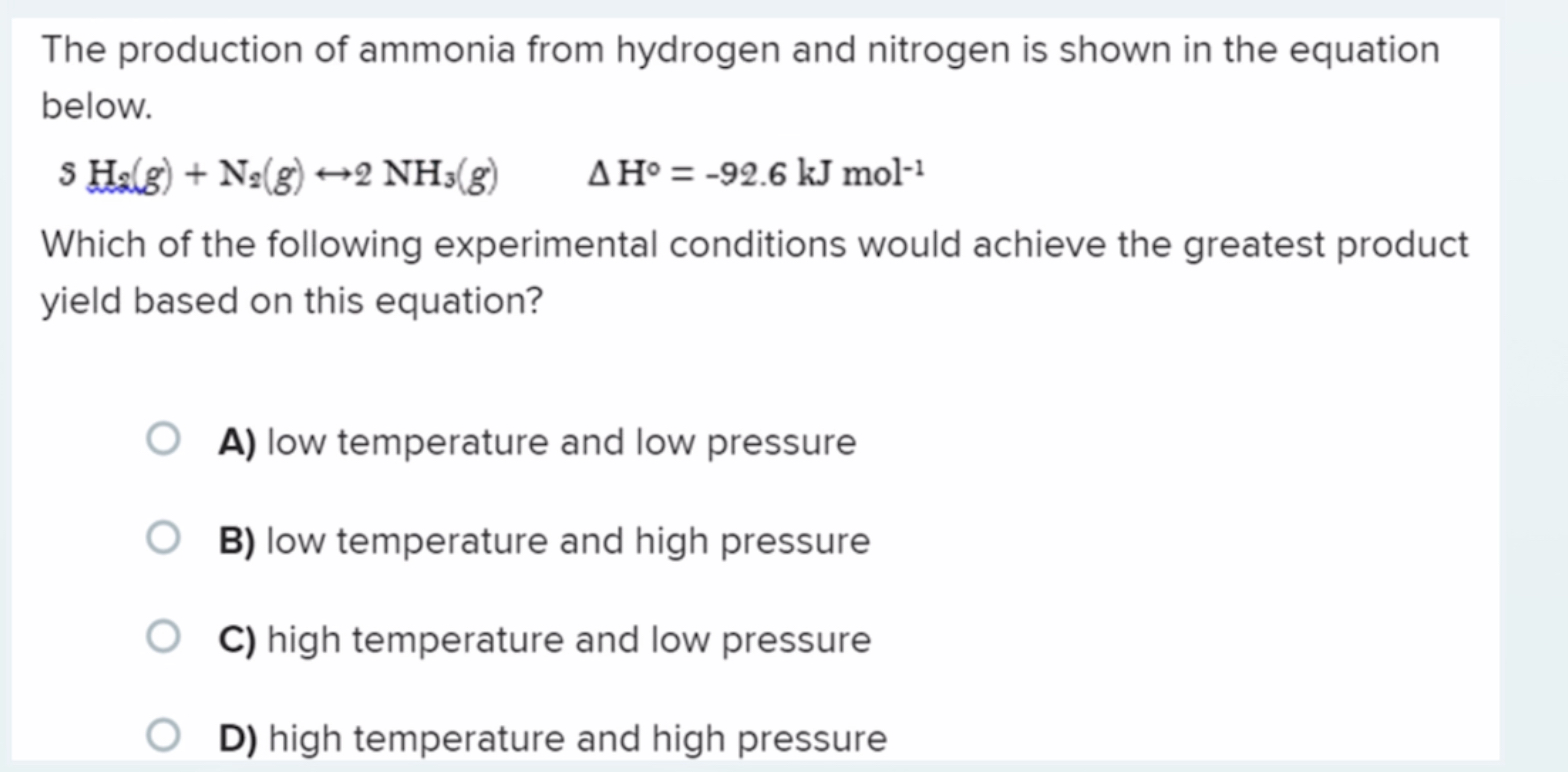 The production of ammonia from hydrogen and nitrogen is shown in the equation below.
\[
5 \mathrm{H}_{2}(g)+\mathrm{N}_{2}(g)