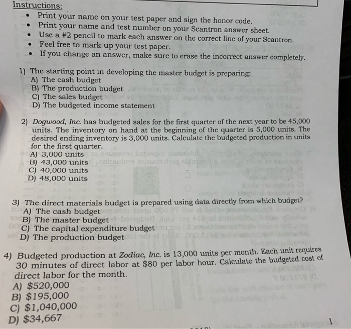 Solved Instructions: Print your name on your test paper and | Chegg.com