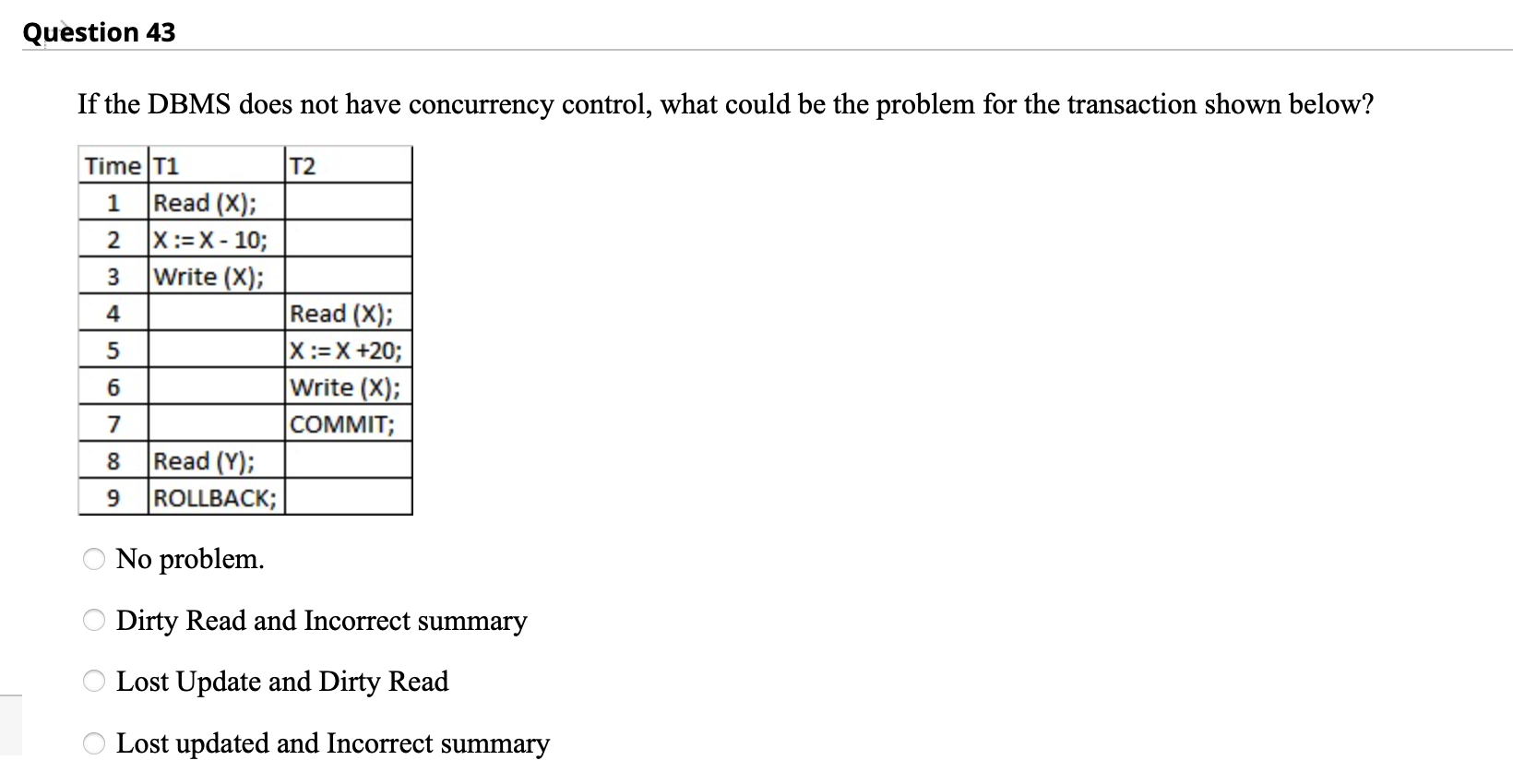 Solved Question 43 If the DBMS does not have concurrency | Chegg.com
