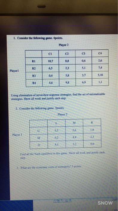 Solved l. Consider the following game. 4points Player 2 C2 | Chegg.com