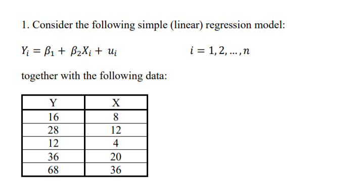 Solved 1. Consider The Following Simple (linear) Regression | Chegg.com