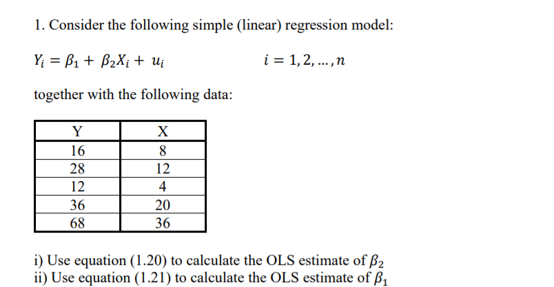 Solved 1. Consider The Following Simple (linear) Regression | Chegg.com