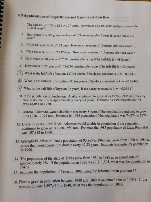 Solved 4.5 Applications of Logarithms and Exponents Practice | Chegg.com