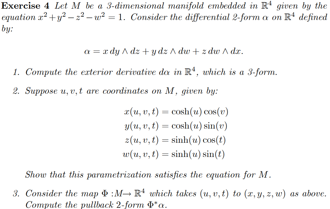 Solved Exercise 4 Let M be a 3-dimensional manifold embedded | Chegg.com