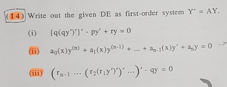 Solved (14) Write out the given De as first-order system Y' | Chegg.com