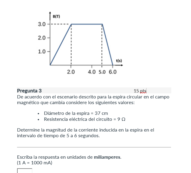 Pregunta 3 15 pts De acuerdo con el escenario descrito para la espira circular en el campo magnético que cambia considere los