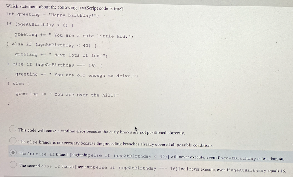 Solved Which statement about the following JavaScript code | Chegg.com
