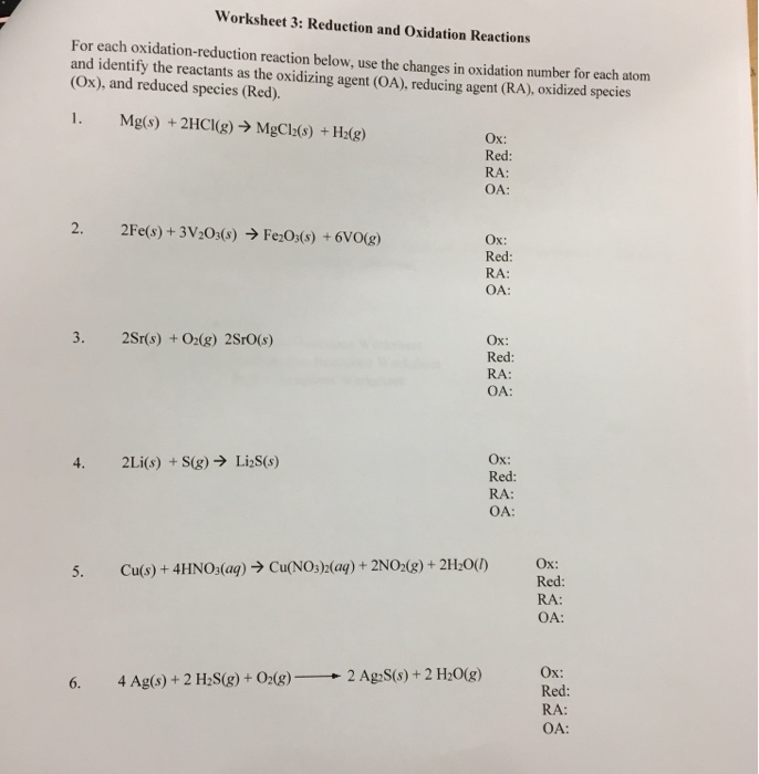Solved: Worksheet 3: Reduction And Oxidation Reactions For... | Chegg.com