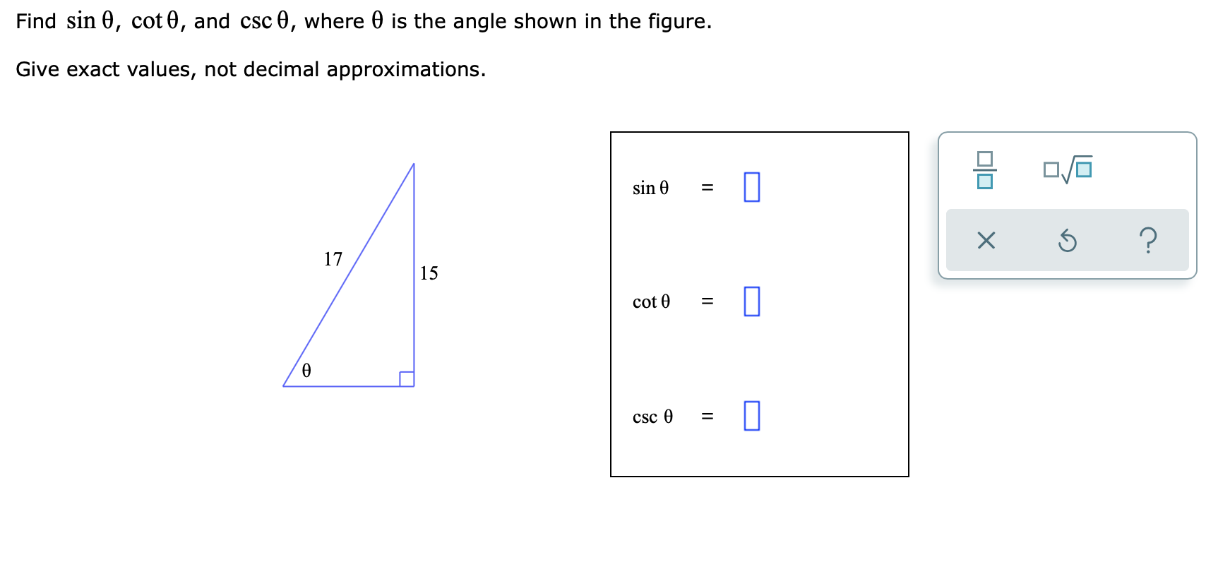 Solved Find sin , cot a, and csc , where a is the angle | Chegg.com