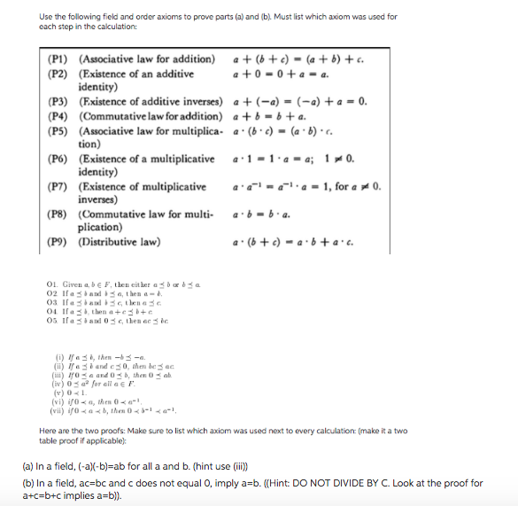 Solved Use the following field and order axioms to prove | Chegg.com