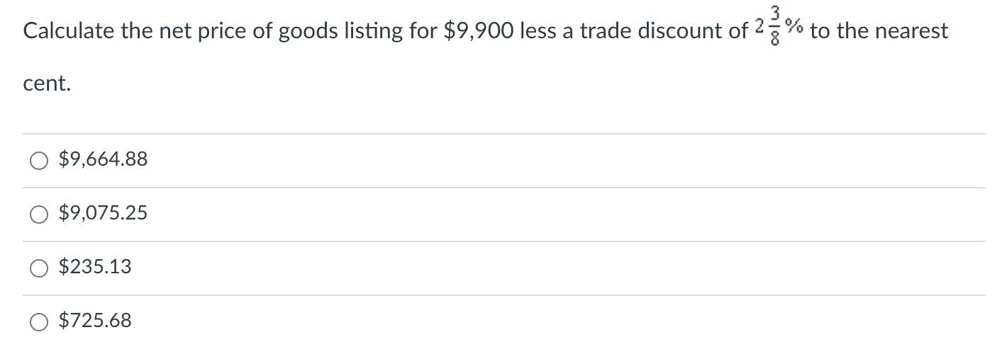 Solved Calculate the net price of goods listing for 9,900