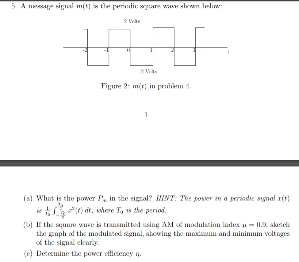 Solved 5. A message signal m(t) is the periodic square wave | Chegg.com