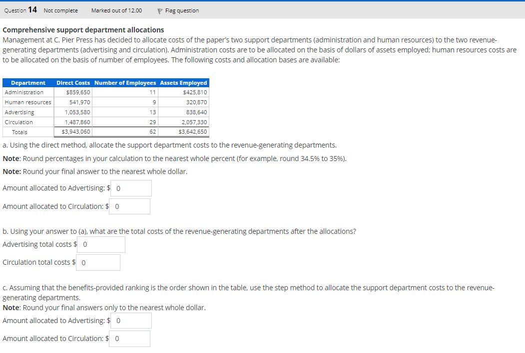 Solved Question 14 Not complete Marked out of 12.00 Flag | Chegg.com