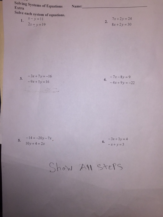 Solved Solving Systems of Equations Extra Name Solve each | Chegg.com