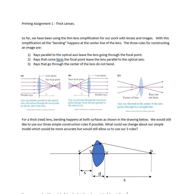 Solved Priming Assignment 1 Thick Lenses. So far, we have