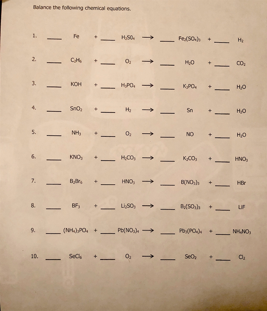 Solved Balance the following chemical equations. 1. Fe H2S04 | Chegg.com