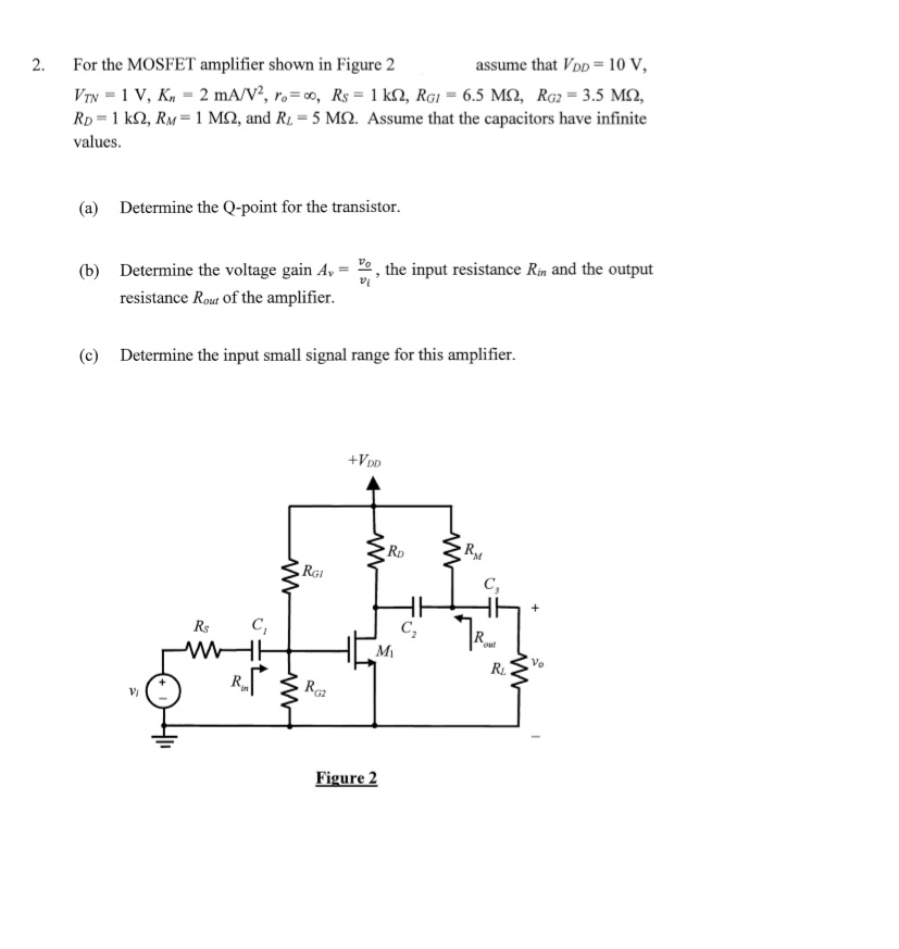 Solved 2. For the MOSFET amplifier shown in Figure 2 assume | Chegg.com
