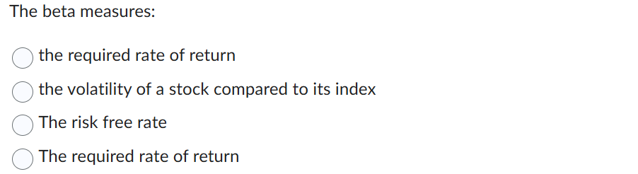 The beta measures:the required rate of returnthe | Chegg.com