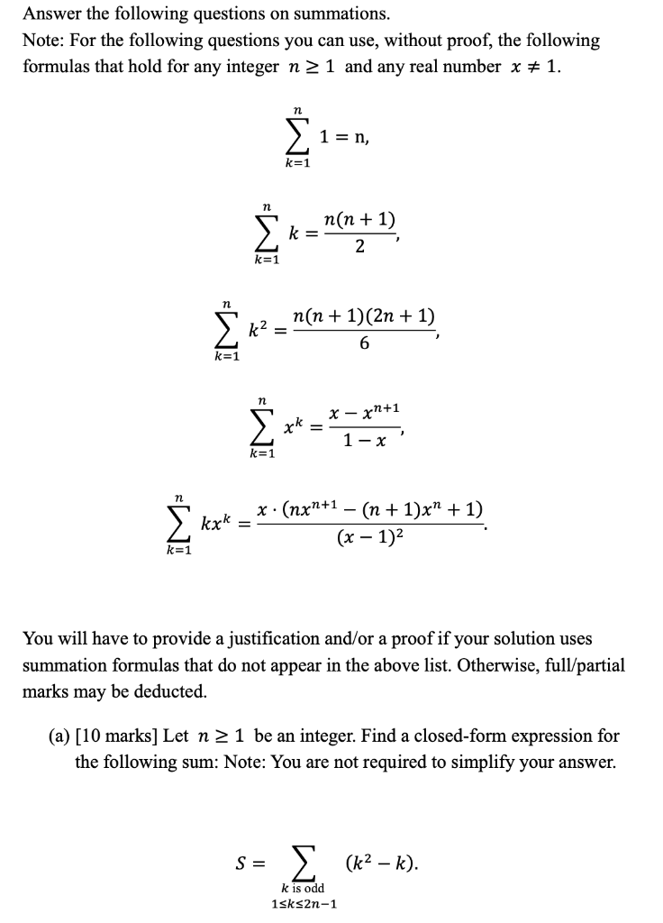 Solved Answer the following questions on summations. Note: | Chegg.com