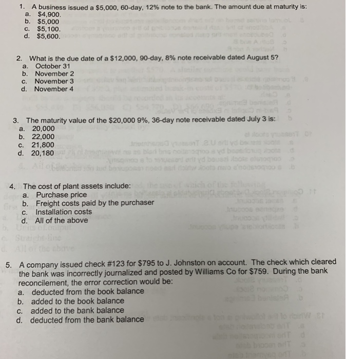 Solved 1 A business issued a $5,000, 60-day, 12% note to the | Chegg.com