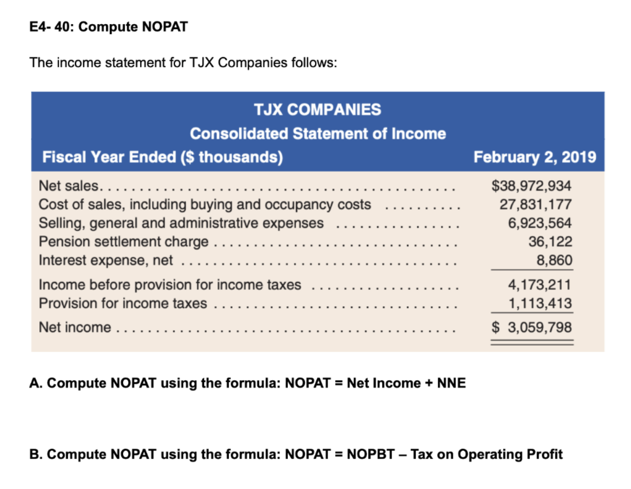 E4- 40: Compute NOPAT The income statement for TJX | Chegg.com