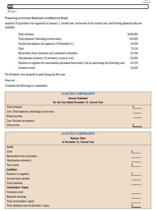 E1-12
LO1-1
Preparing an Income Statement and Balance Sheet
Analytics Corporation was organized on January 1, current year. A