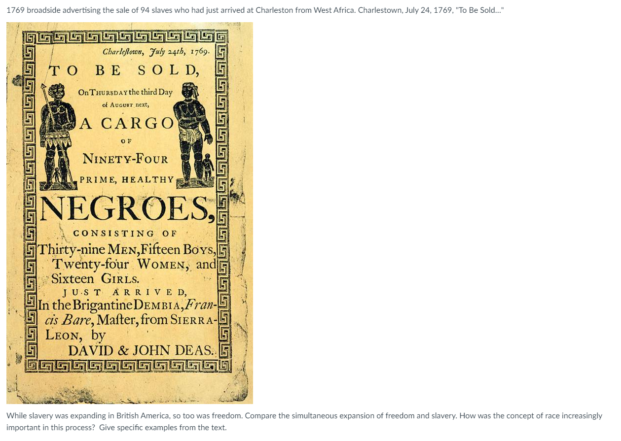Solved 1769 broadside advertising the sale of 94 slaves who | Chegg.com