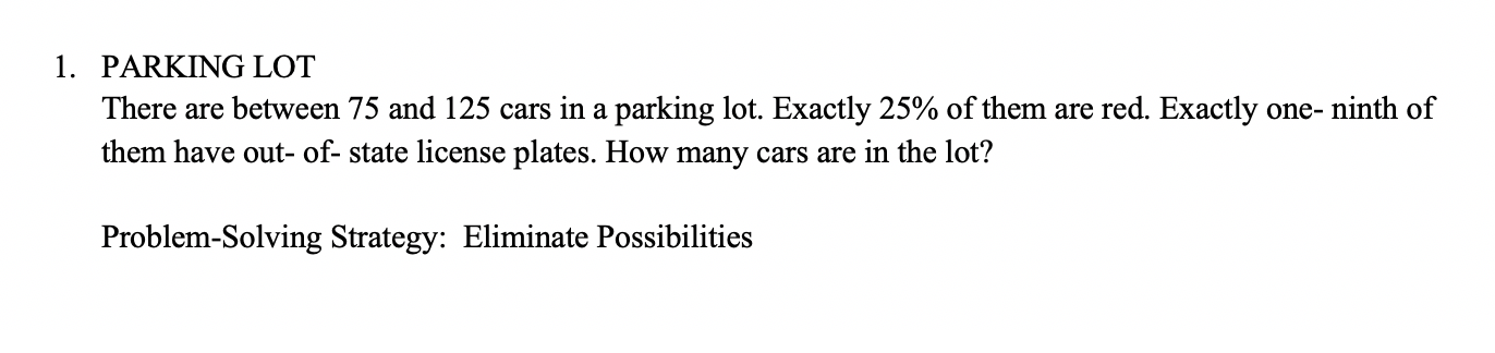 Solved PARKING LOT There are between 75 and 125 cars in a | Chegg.com