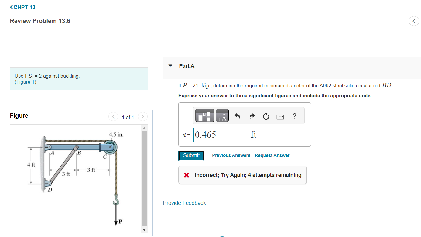 Solved Use F.S. = 2 against buckling. (Figure 1) If P=21 | Chegg.com