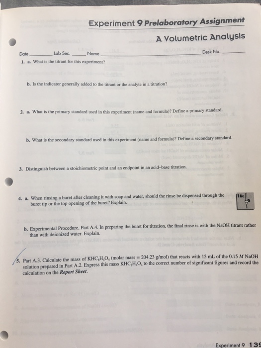 Solved Experiment 9 Prelaboratory Assignment A Volumetric | Chegg.com