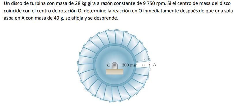 Un disco de turbina con masa de \( 28 \mathrm{~kg} \) gira a razón constante de \( 9750 \mathrm{rpm} \). Si el centro de masa