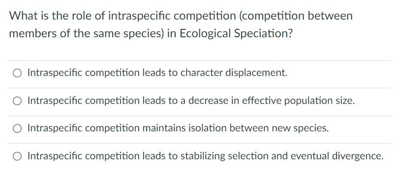 What is the role of intraspecific competition (competition between members of the same species) in Ecological Speciation?
Int