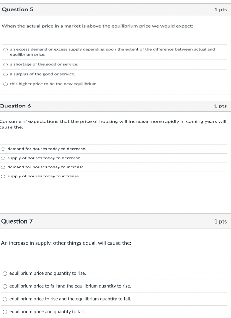 Solved Question 5 1 pts When the actual price in a market is | Chegg.com