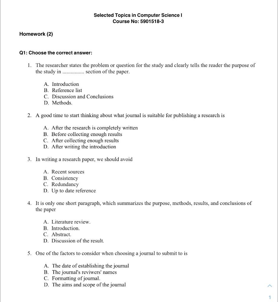Solved Selected Topics in Computer Science Course No: | Chegg.com