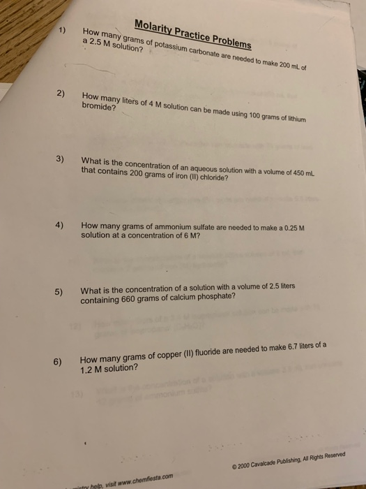 Molarity Practice Problem Set Answers - King Worksheet