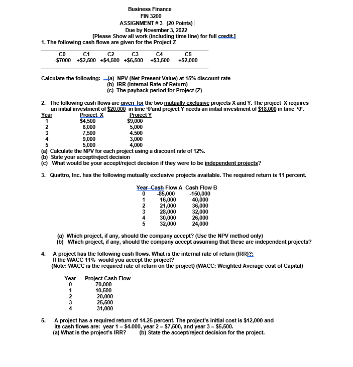 Business Finance FIN 3200 ASSIGNMENT #3 (20 Points)| | Chegg.com