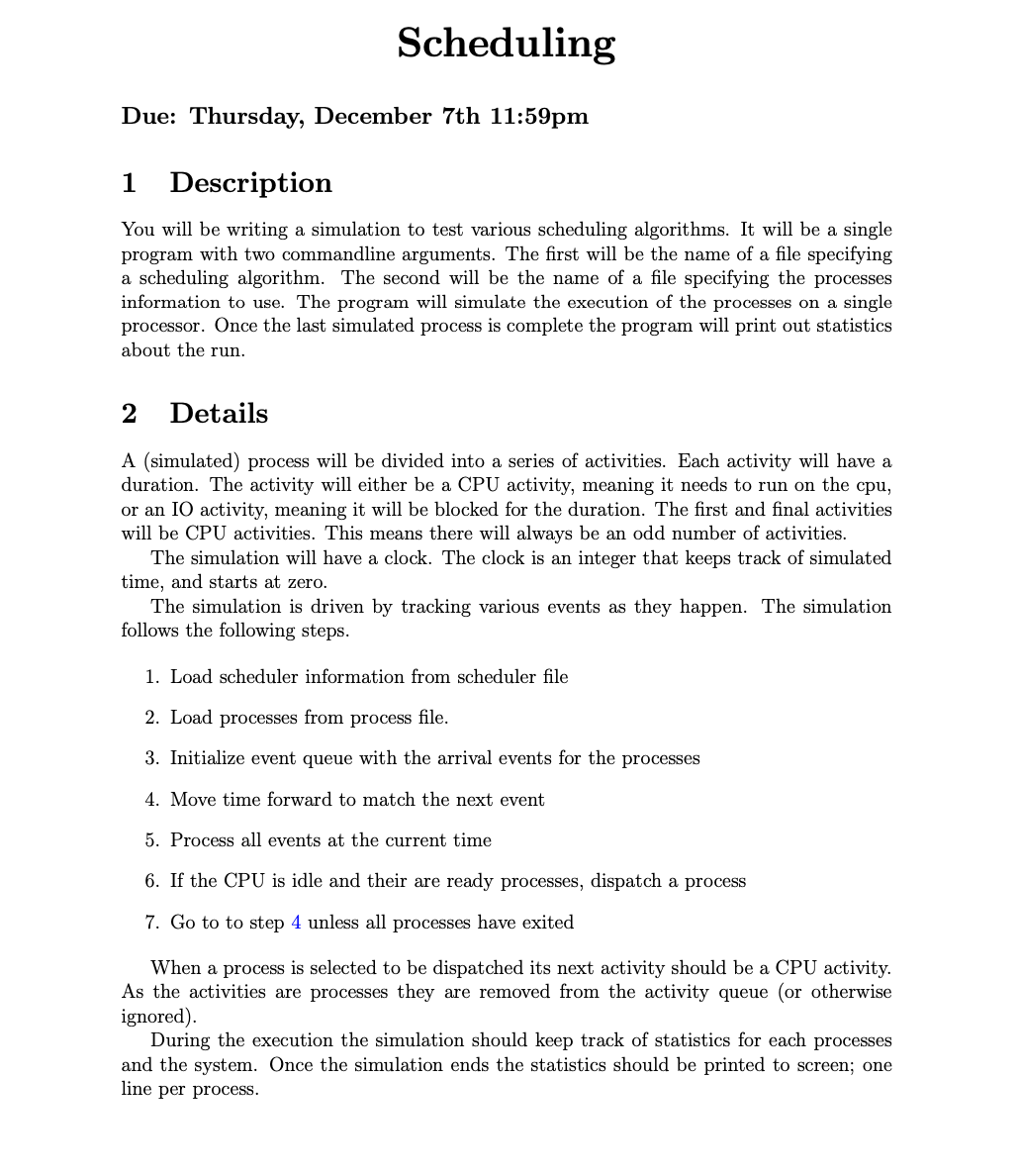 Solved 1 Description You will be writing a simulation to | Chegg.com