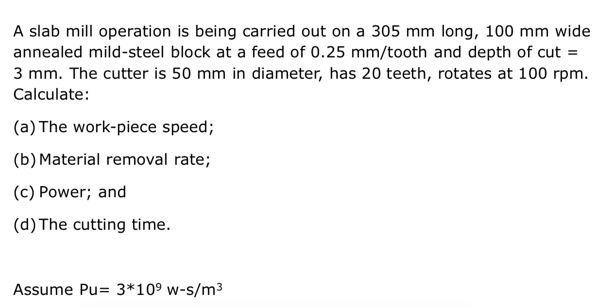 Solved A slab mill operation is being carried out on a 305