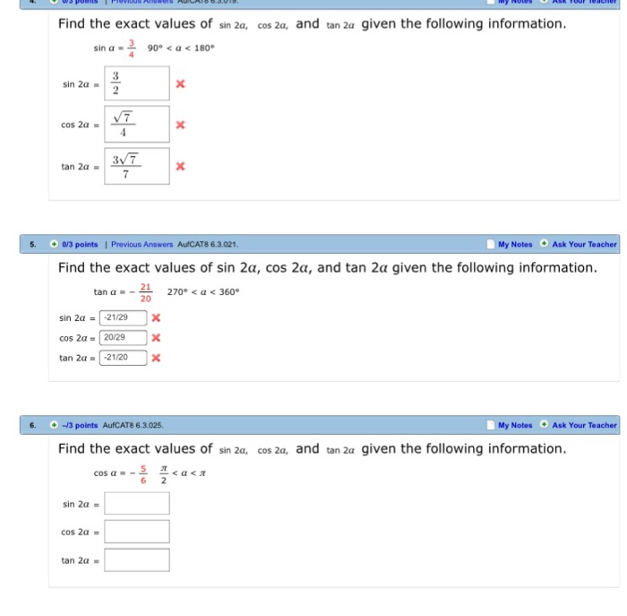Solved Find the exact values of sin 2a, cos 2a, and tan 2a | Chegg.com
