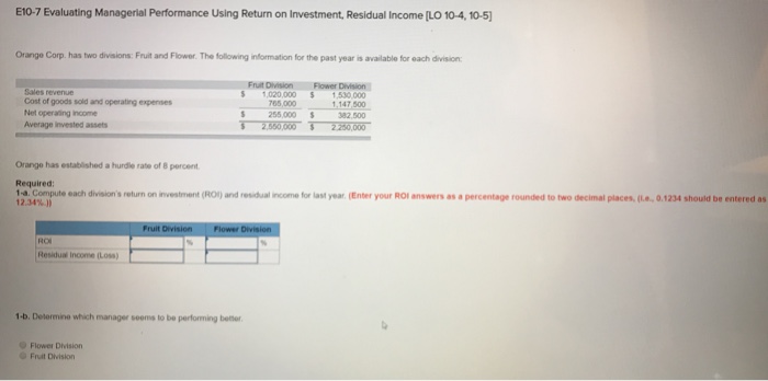 Solved E10-7 Evaluating Managerial Performance Using Return | Chegg.com