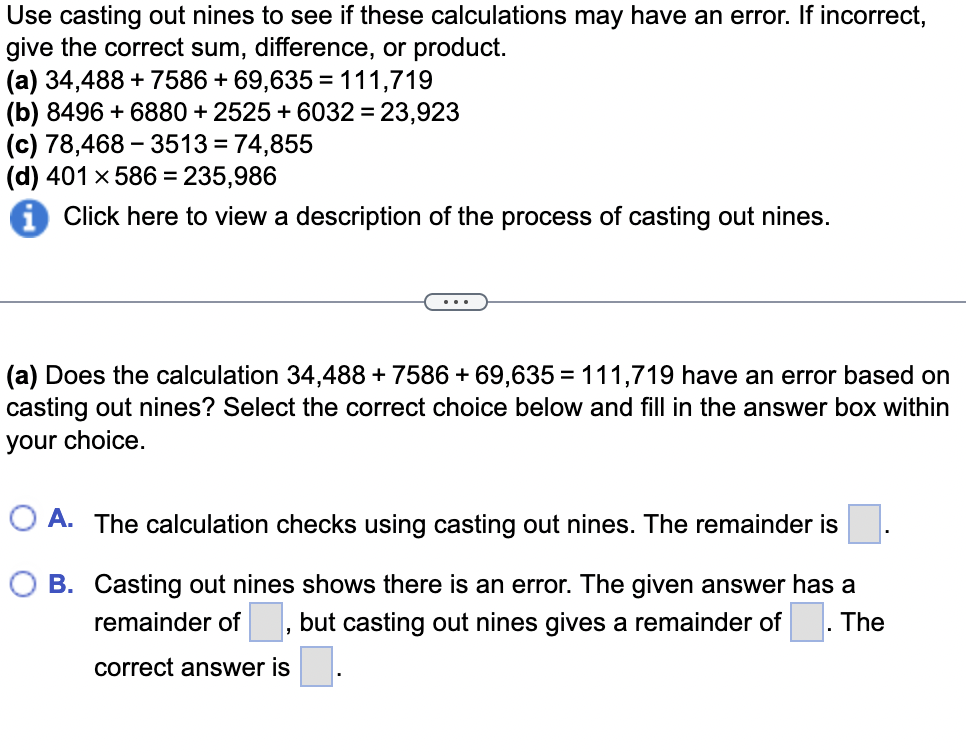 Solved Use casting out nines to see if these calculations