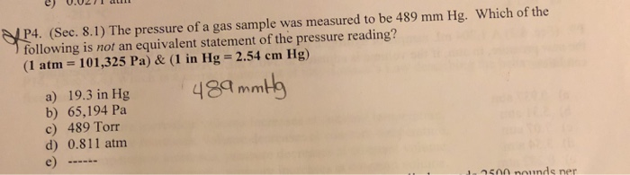 Solved P4. (Sec. 8.1) The pressure of a gas sample was | Chegg.com
