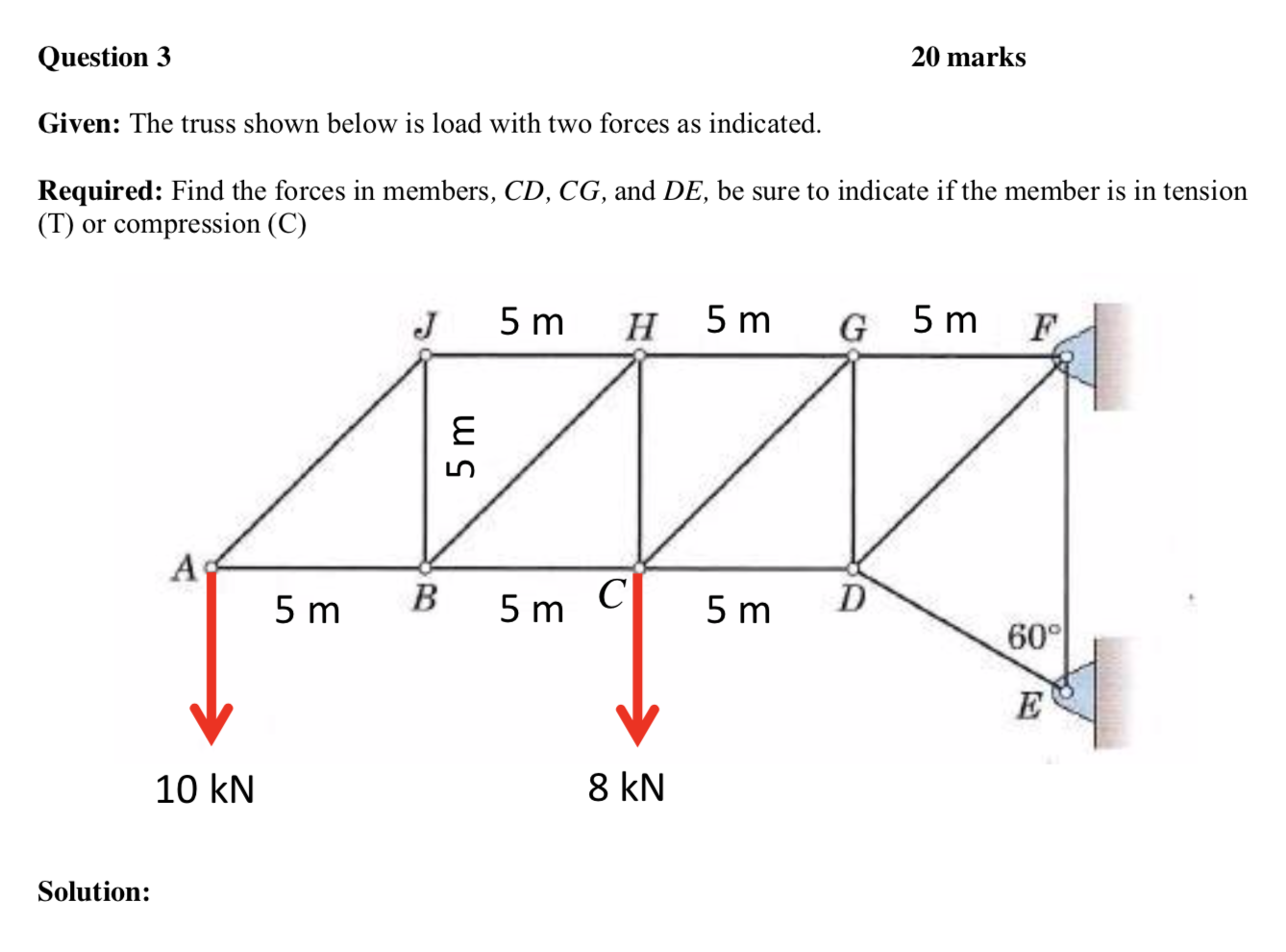 Solved Question 3 20 marks Given: The truss shown below is | Chegg.com