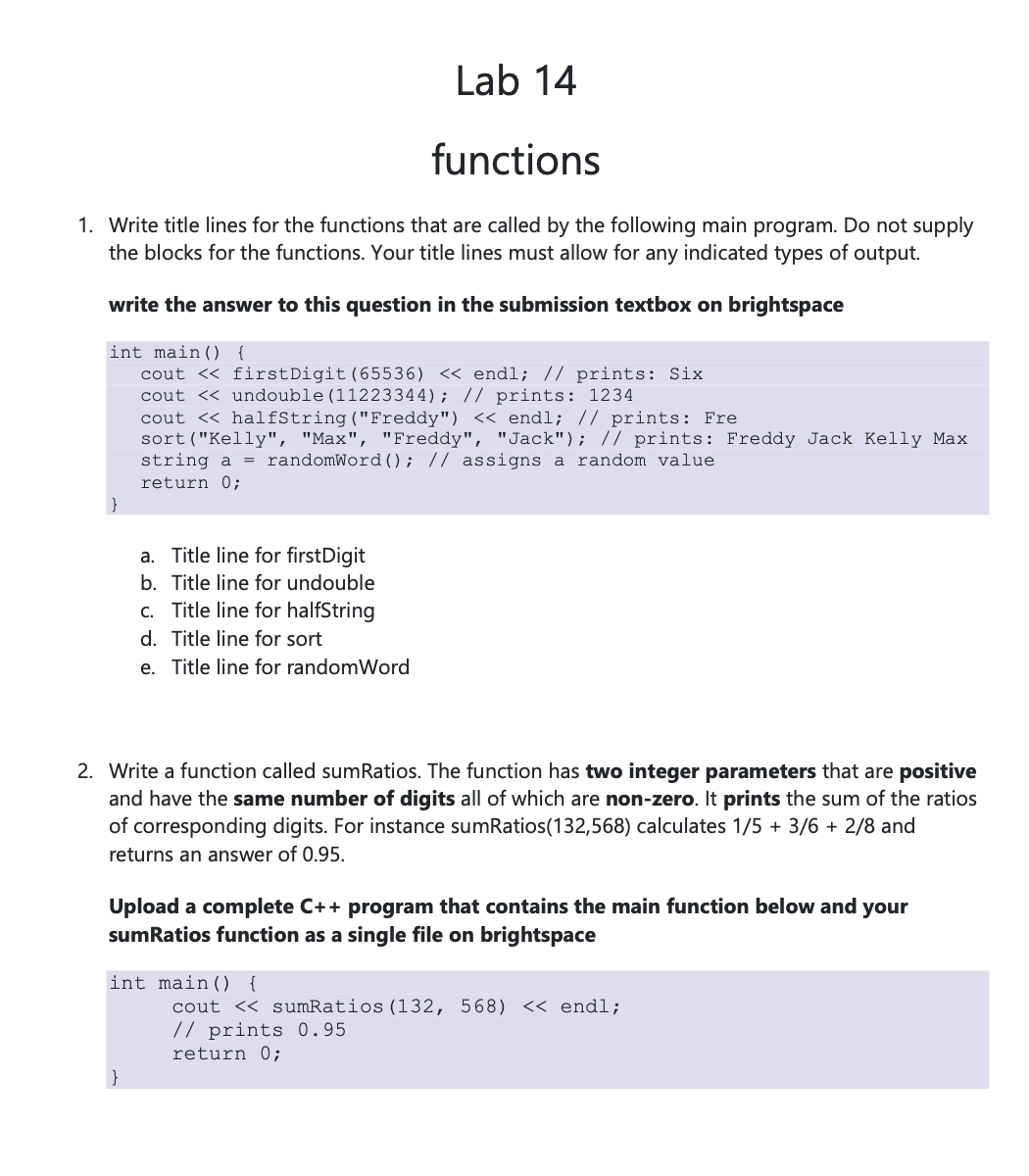 Solved C++ Lab 14 functionsWrite title lines for the | Chegg.com