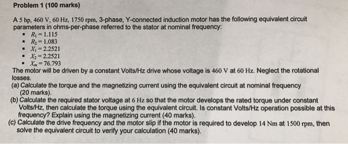 Solved Problem 1 (100 marks) A 5 hp, 460 V, 60 Hz, 1750 rpm, | Chegg.com