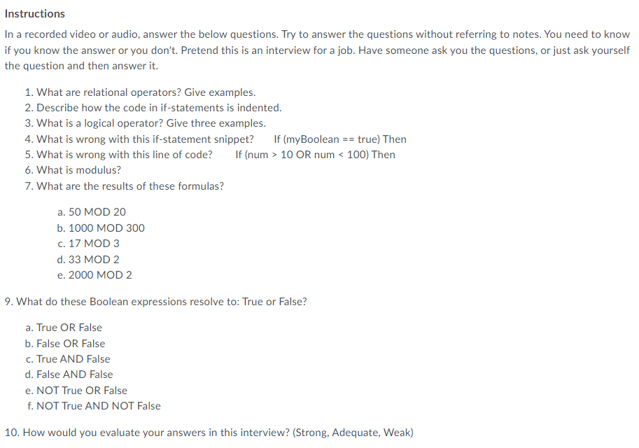 Solved Instructions In a recorded video or audio, answer the | Chegg.com