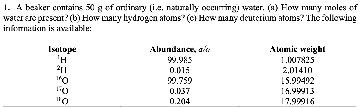 Solved 1. A beaker contains 50 g of ordinary (i.e. naturally | Chegg.com