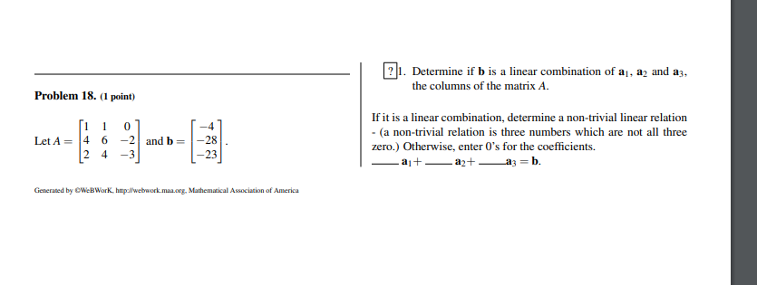 Solved Problem 16. (1 point) Write a vector equation that is | Chegg.com