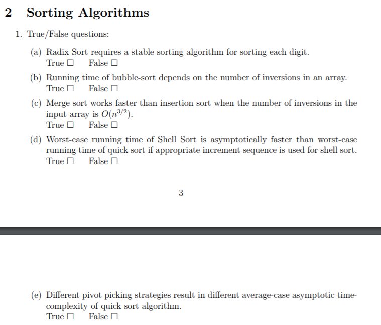 Solved 2 Sorting Algorithms 1. True/False questions: (a) | Chegg.com