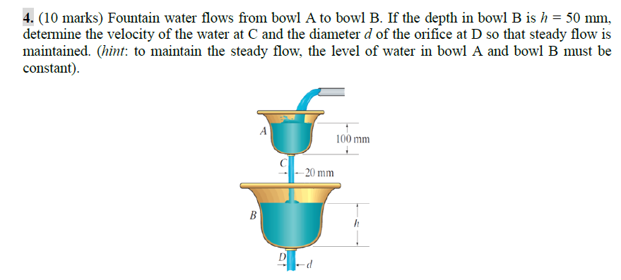 Solved 4. (10 marks) Fountain water flows from bowl A to | Chegg.com